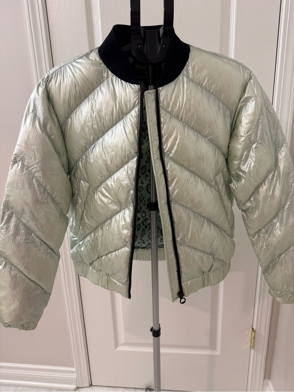 Noize Light Green Metallic Quilted Bomber Jacket - Women